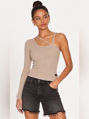 Replay NWT Asymmetric One Shoulder Ribbed Long Sleeve Top Beige Size XS